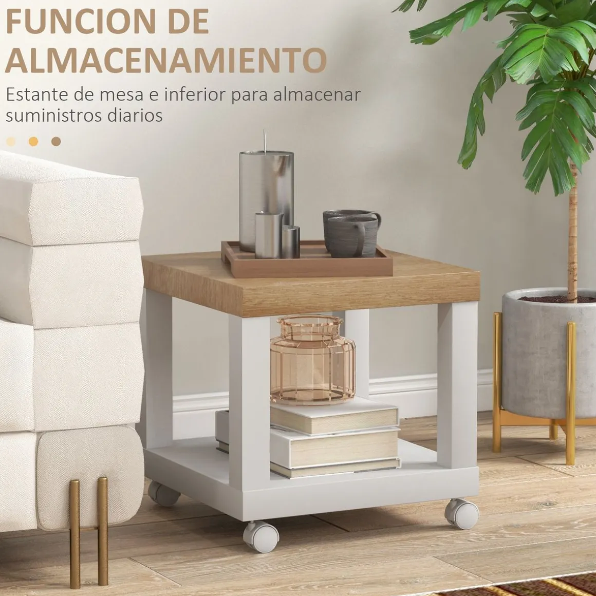 Mesa auxiliar Azucena Homcom con ruedas blanco/natural 40x40 cm