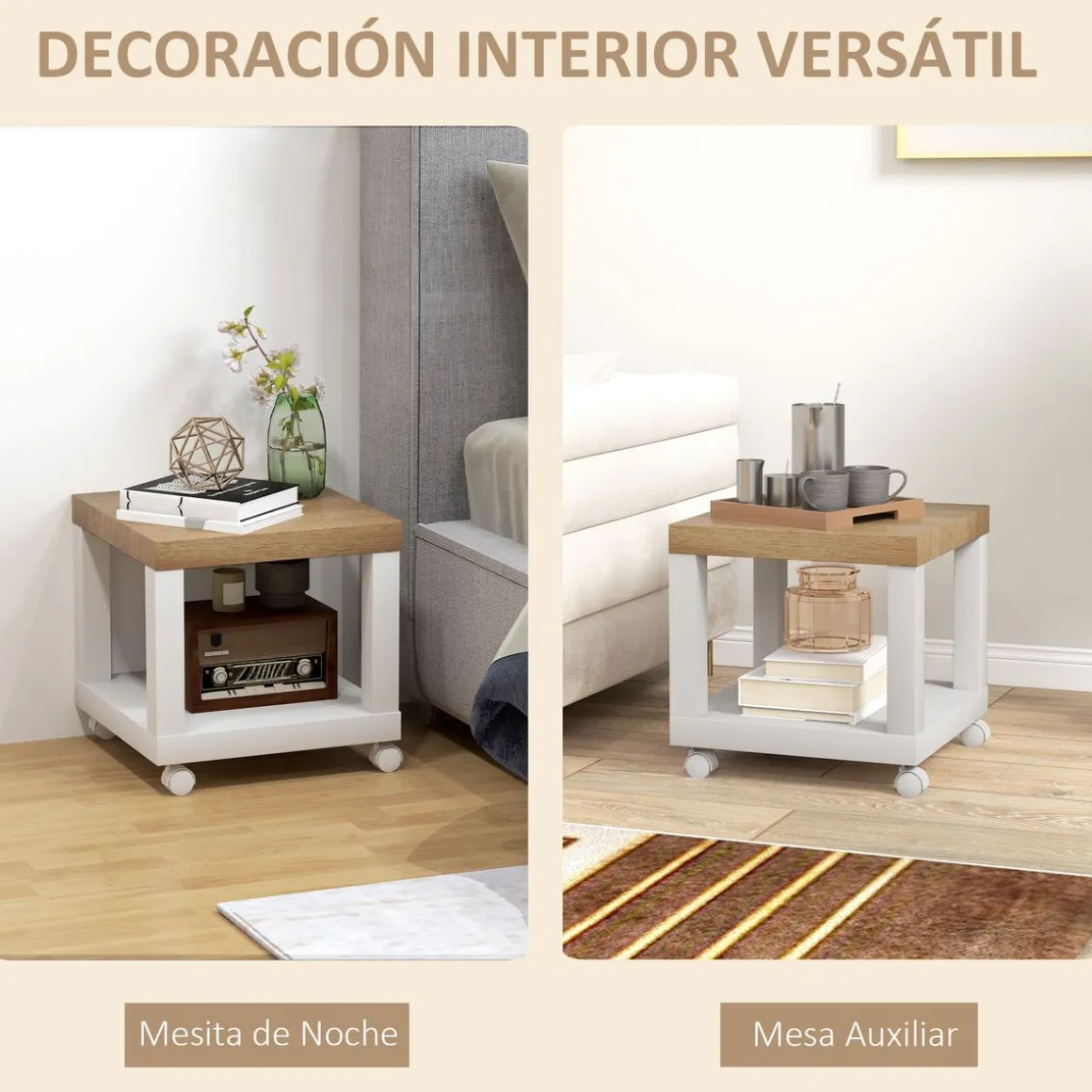 Mesa auxiliar Azucena Homcom con ruedas blanco/natural 40x40 cm