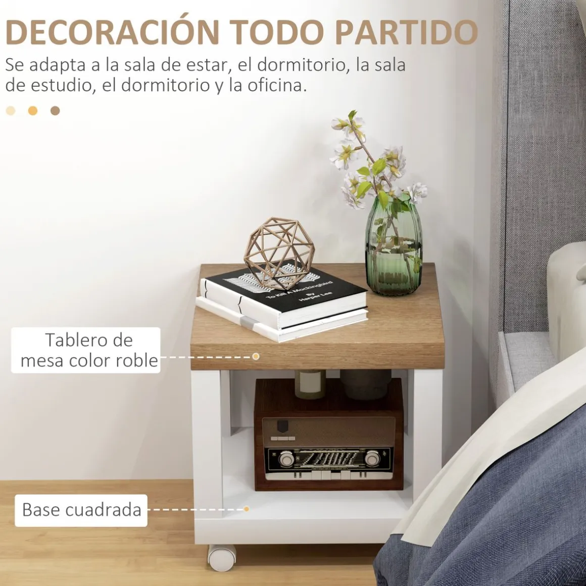 Mesa auxiliar Azucena Homcom con ruedas blanco/natural 40x40 cm
