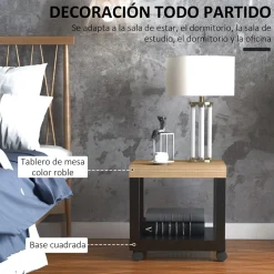 Mesa auxiliar Caster Homcom con ruedas + estante abierto negro/natural 40x40x40 cm