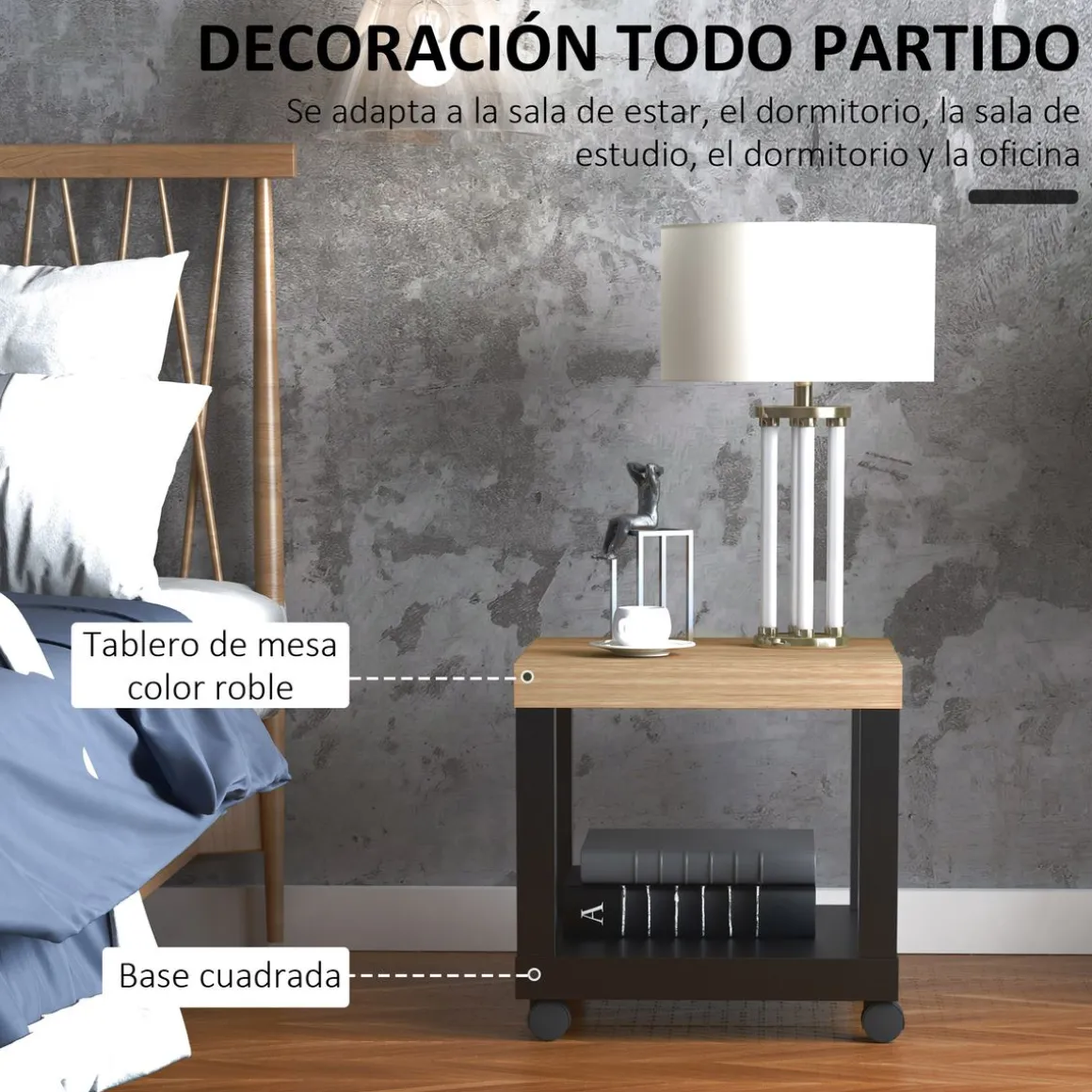 Mesa auxiliar Caster Homcom con ruedas + estante abierto negro/natural 40x40x40 cm
