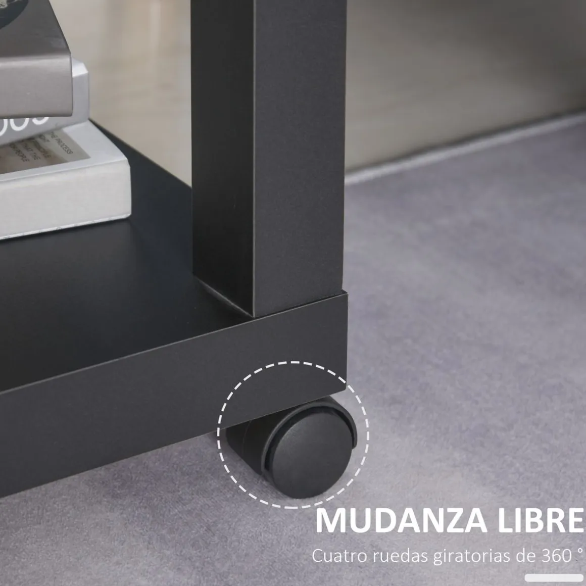 Mesa auxiliar Caster Homcom con ruedas + estante abierto negro/natural 40x40x40 cm