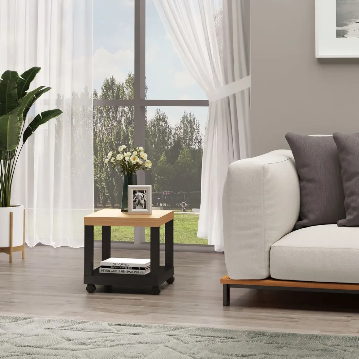 Mesa auxiliar Caster Homcom con ruedas + estante abierto negro/natural 40x40x40 cm