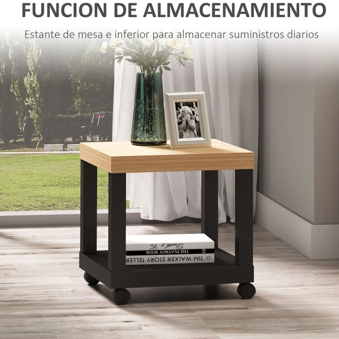 Mesa auxiliar Caster Homcom con ruedas + estante abierto negro/natural 40x40x40 cm