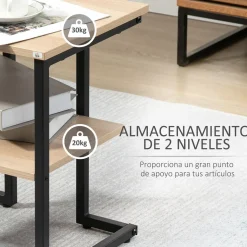 Mesa auxiliar Centauro Homcom 2 estantes pies ajustables negro/natural 48x35x45 cm
