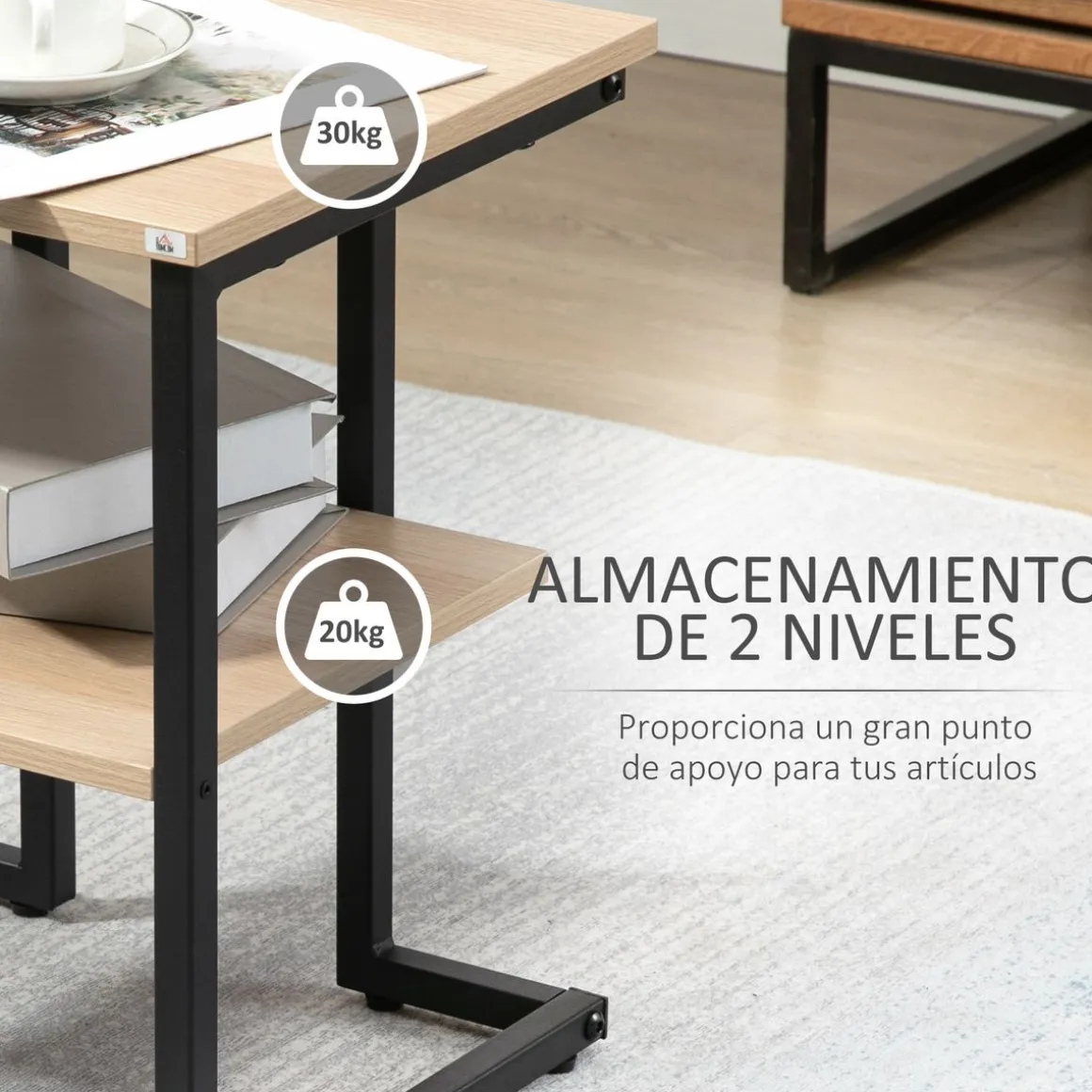 Mesa auxiliar Centauro Homcom 2 estantes pies ajustables negro/natural 48x35x45 cm