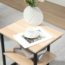 Mesa auxiliar Centauro Homcom 2 estantes pies ajustables negro/natural 48x35x45 cm