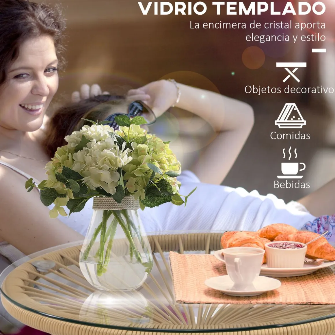 Mesa auxiliar de jardín Outsunny redonda tapa de vidrio beige Ø50x50 cm