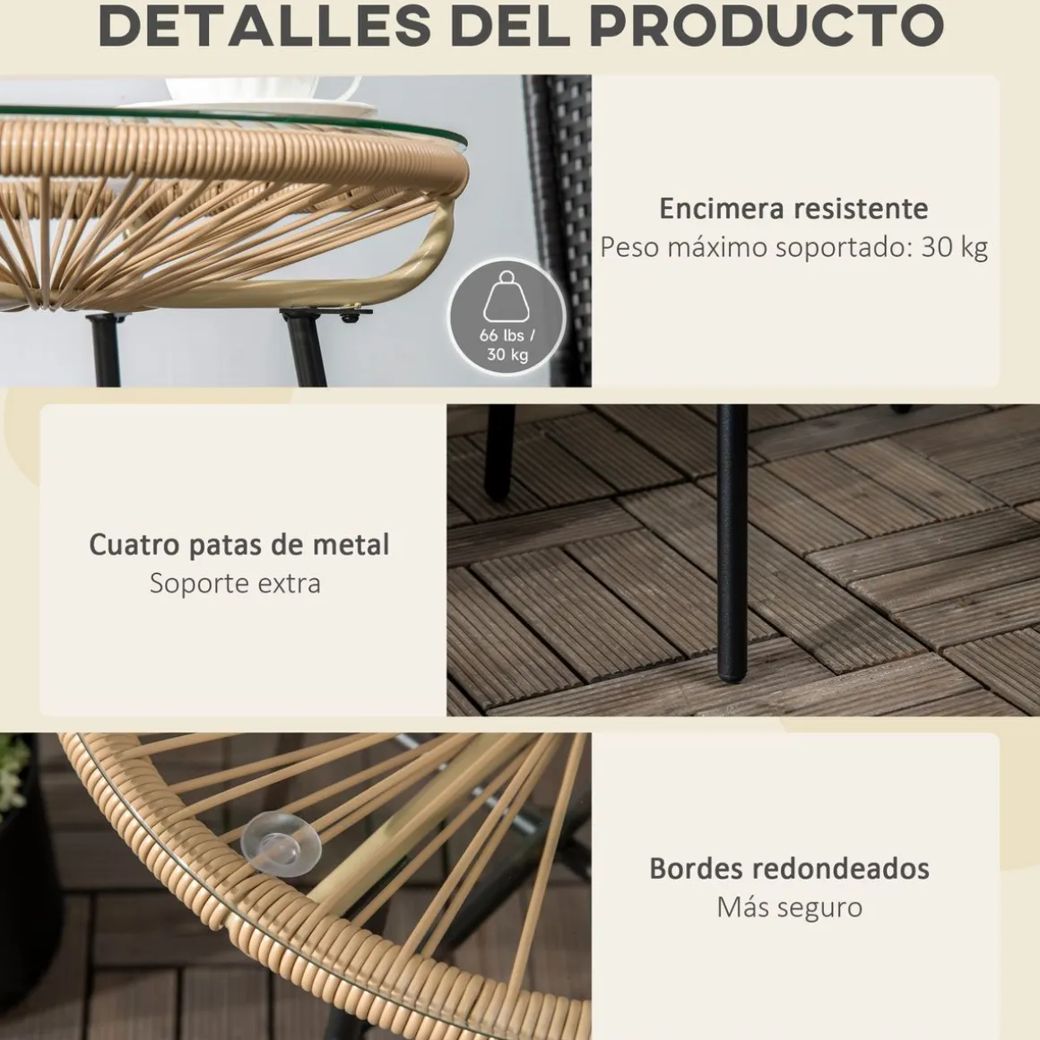 Mesa auxiliar de jardín Outsunny redonda tapa de vidrio beige Ø50x50 cm