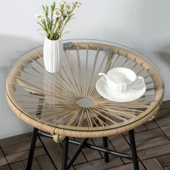 Mesa auxiliar de jardín Outsunny redonda tapa de vidrio beige Ø50x50 cm