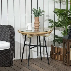 Mesa auxiliar de jardín Outsunny redonda tapa de vidrio beige Ø50x50 cm