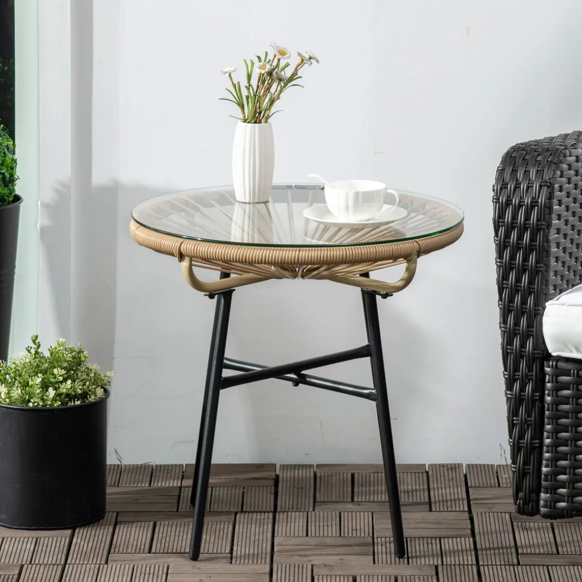 Mesa auxiliar de jardín Outsunny redonda tapa de vidrio beige Ø50x50 cm