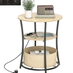Mesa auxiliar Gabriela Homcom 3 estantes + estación de carga natural Ø50x55 cm