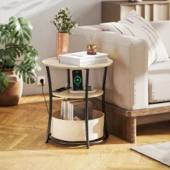 Mesa auxiliar Gabriela Homcom 3 estantes + estación de carga natural Ø50x55 cm