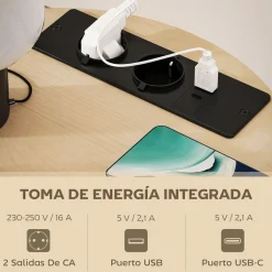 Mesa auxiliar Gabriela Homcom 3 estantes + estación de carga natural Ø50x55 cm