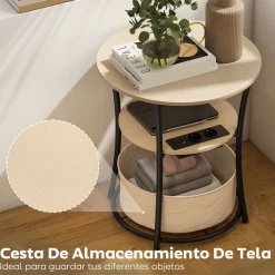 Mesa auxiliar Gabriela Homcom 3 estantes + estación de carga natural Ø50x55 cm