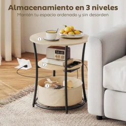Mesa auxiliar Gabriela Homcom 3 estantes + estación de carga natural Ø50x55 cm