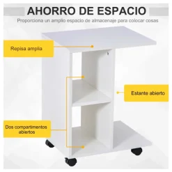 Mesa auxiliar Homcom 2 estantes + ruedas blanco 58x45x35 cm