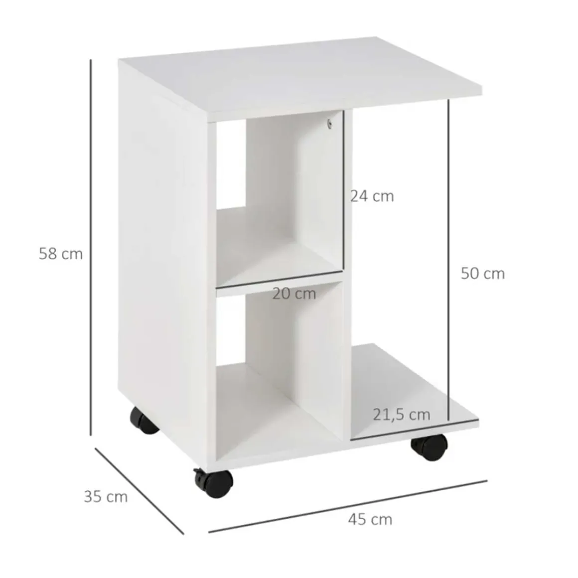 Mesa auxiliar Homcom 2 estantes + ruedas blanco 58x45x35 cm