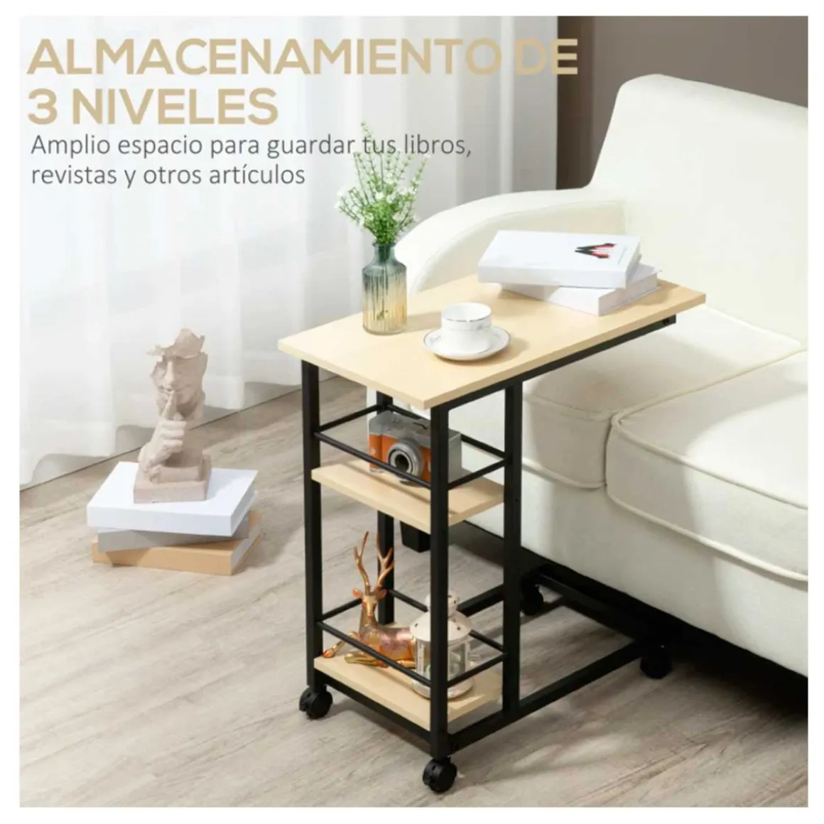 Mesa auxiliar Homcom con ruedas 2 estantes natural/negro 64,5x60x34,5 cm