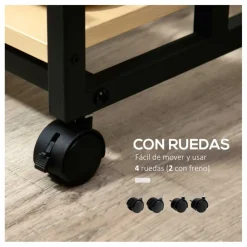 Mesa auxiliar Homcom con ruedas 2 estantes natural/negro 64,5x60x34,5 cm