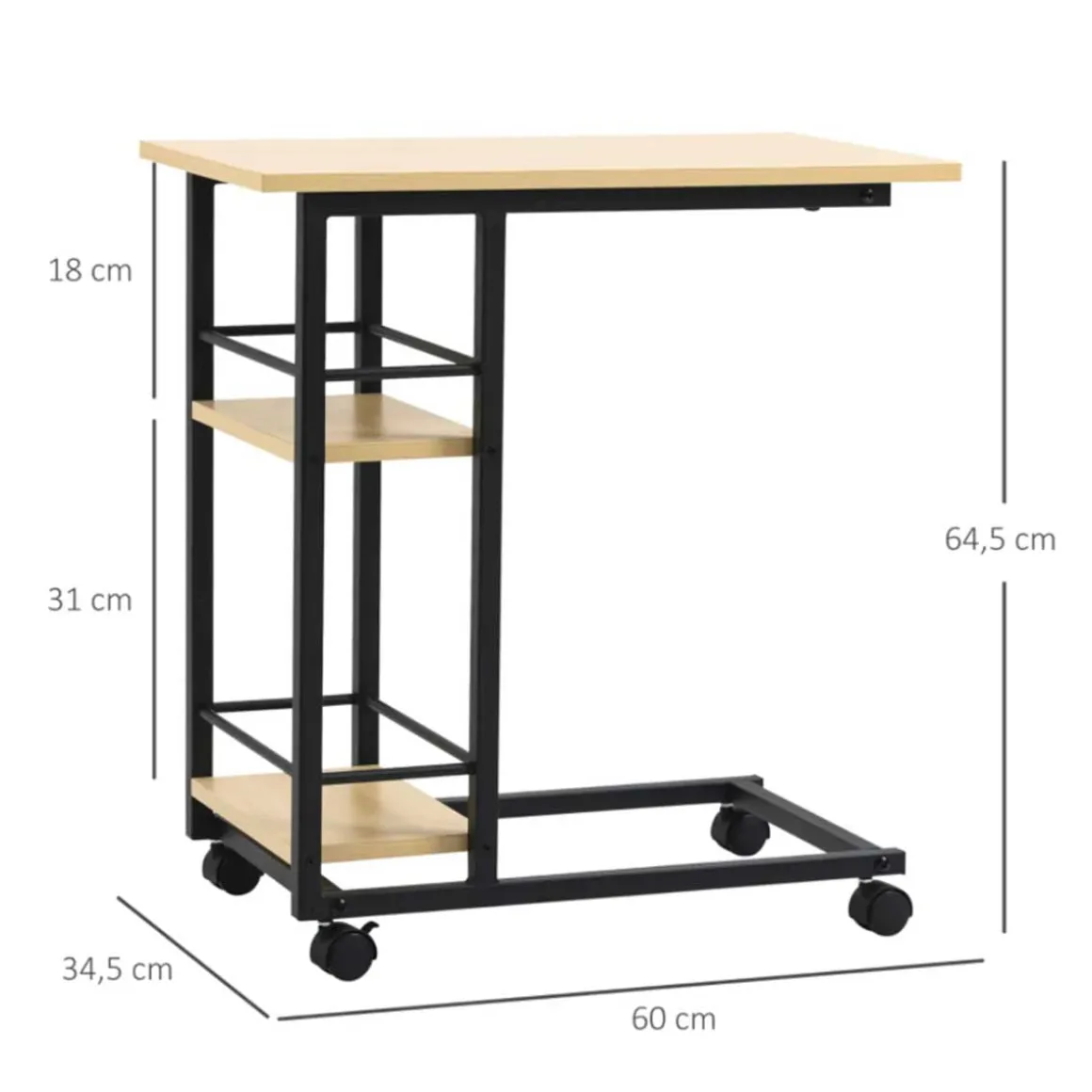Mesa auxiliar Homcom con ruedas 2 estantes natural/negro 64,5x60x34,5 cm