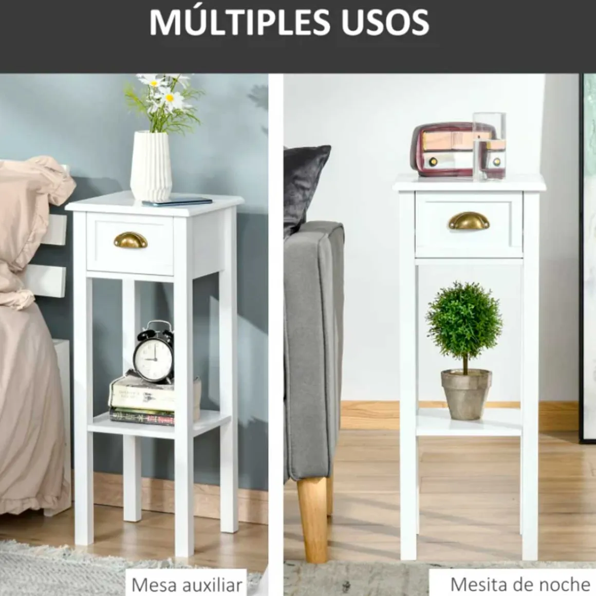 Mesa auxiliar Homcom con cajón + estante blanco 75x30x30 cm