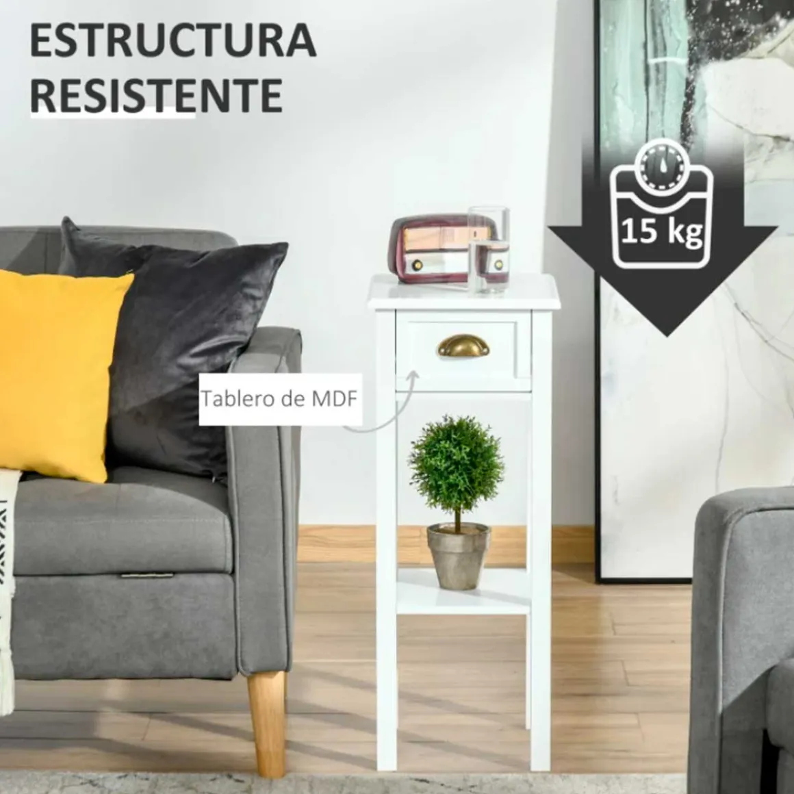 Mesa auxiliar Homcom con cajón + estante blanco 75x30x30 cm