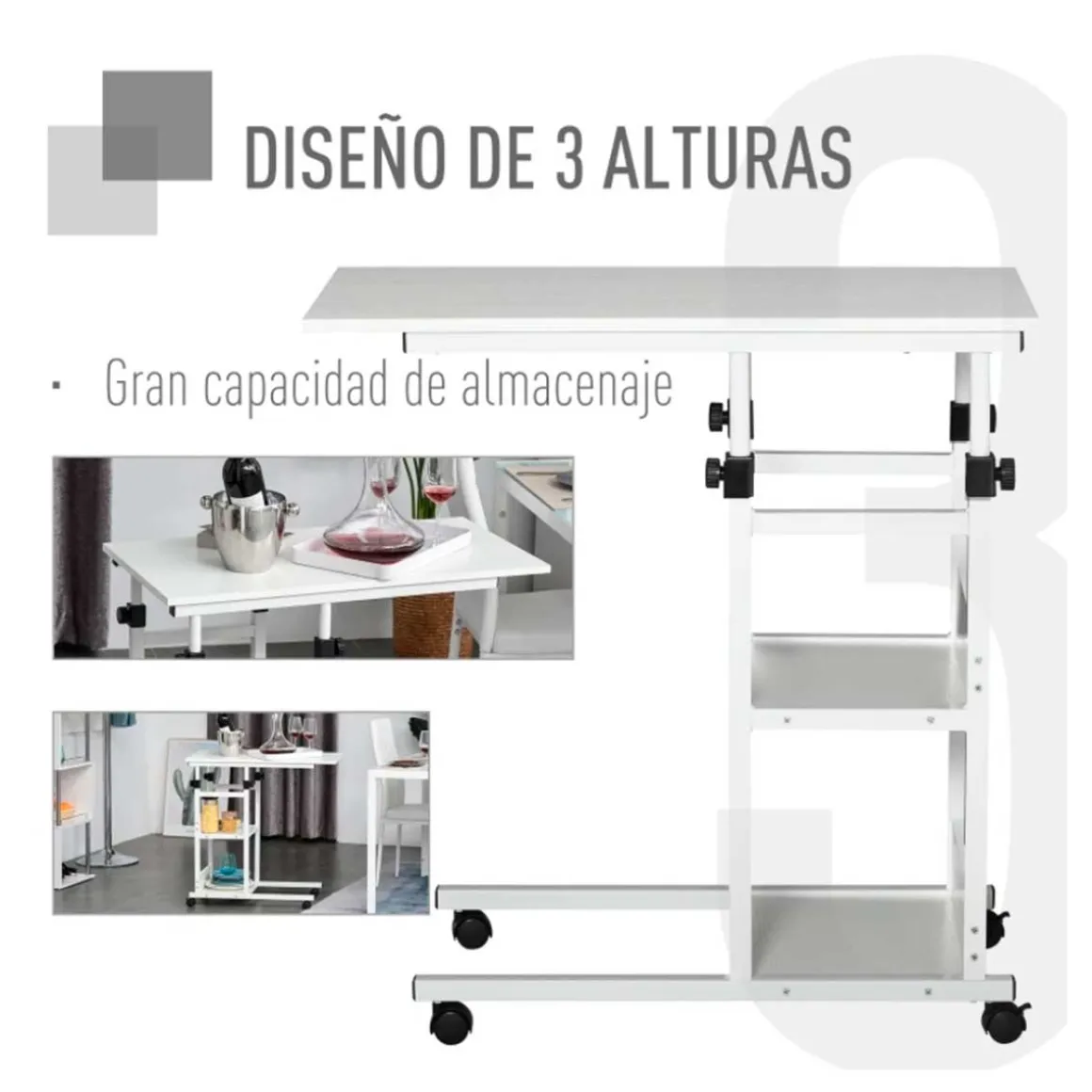 Mesa auxiliar Homcom forma C ajustable blanco 72/82x40x80 cm