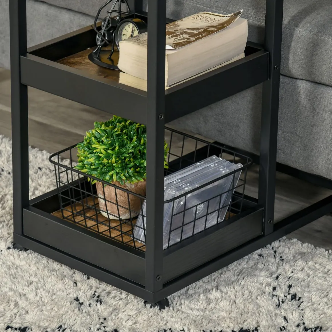 Mesa auxiliar Houston Homcom 3 niveles con ruedas marrón 66x33x51 cm
