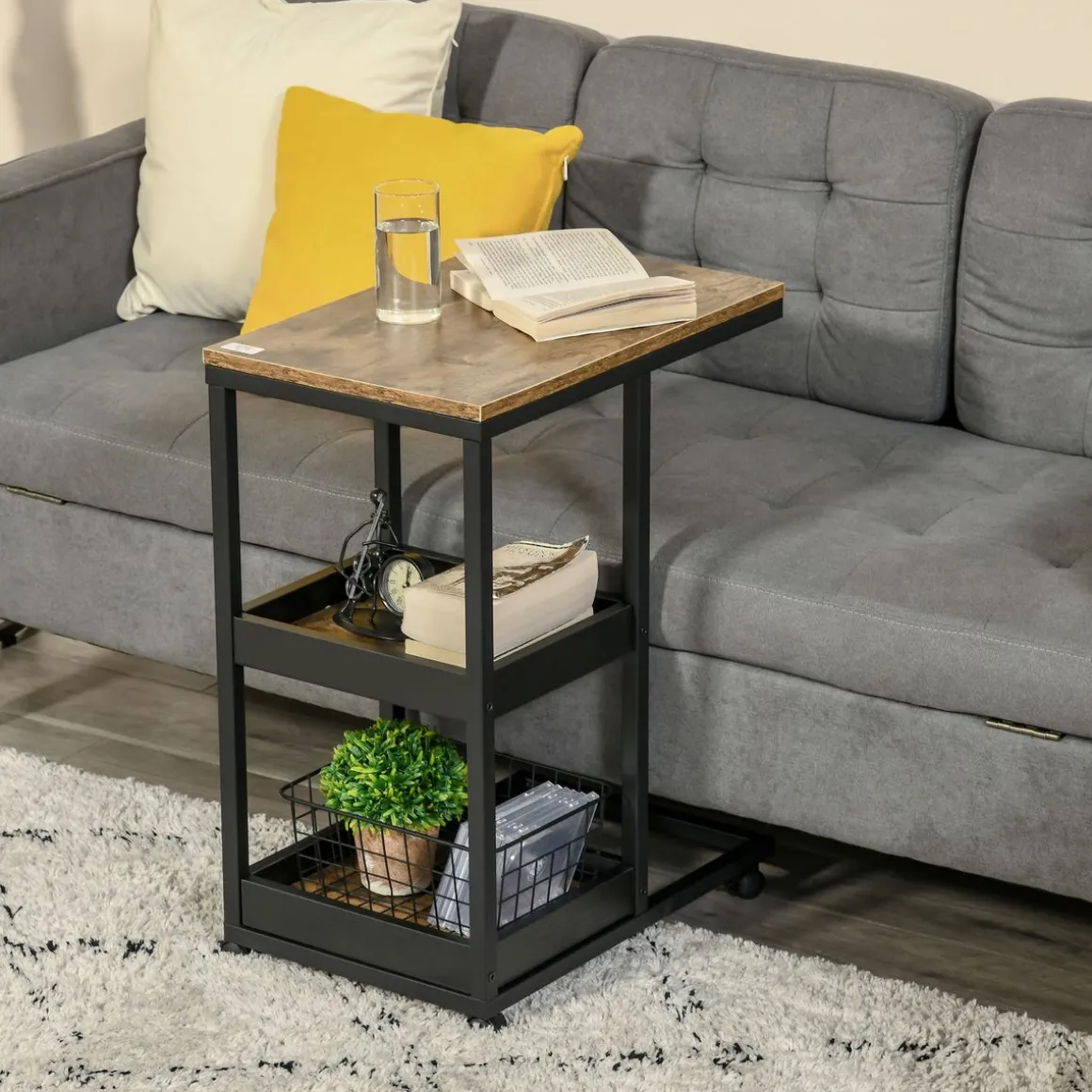 Mesa auxiliar Houston Homcom 3 niveles con ruedas marrón 66x33x51 cm