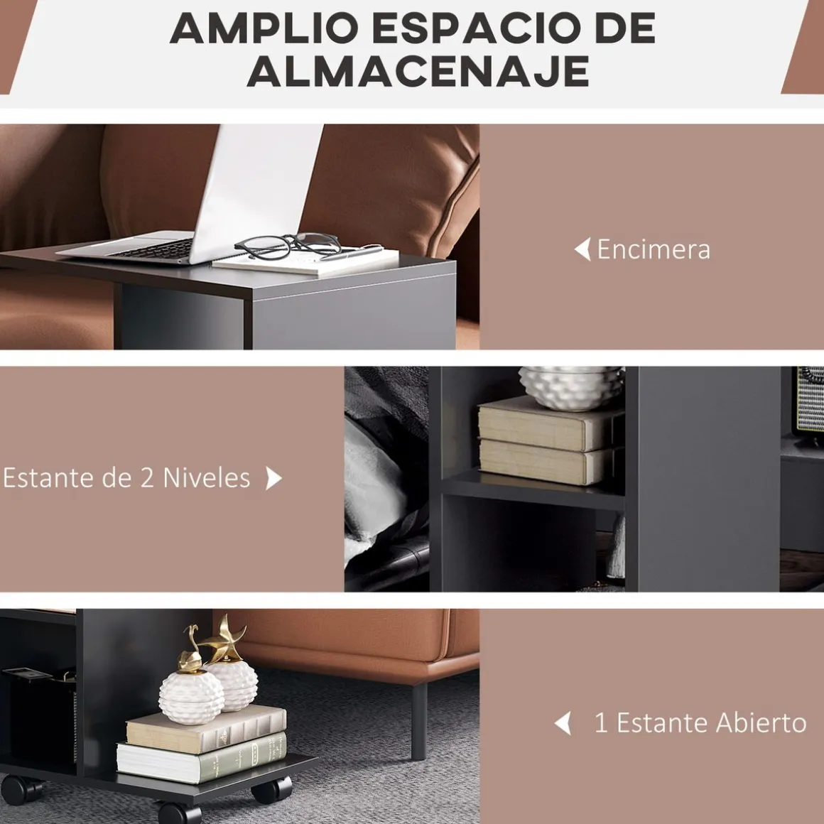 Mesa auxiliar Margarita Homcom 3 niveles con ruedas negro 58x45x35 cm
