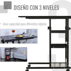 Mesa auxiliar Marte Homcom 3 niveles altura ajustable negro 72-82x80x40 cm