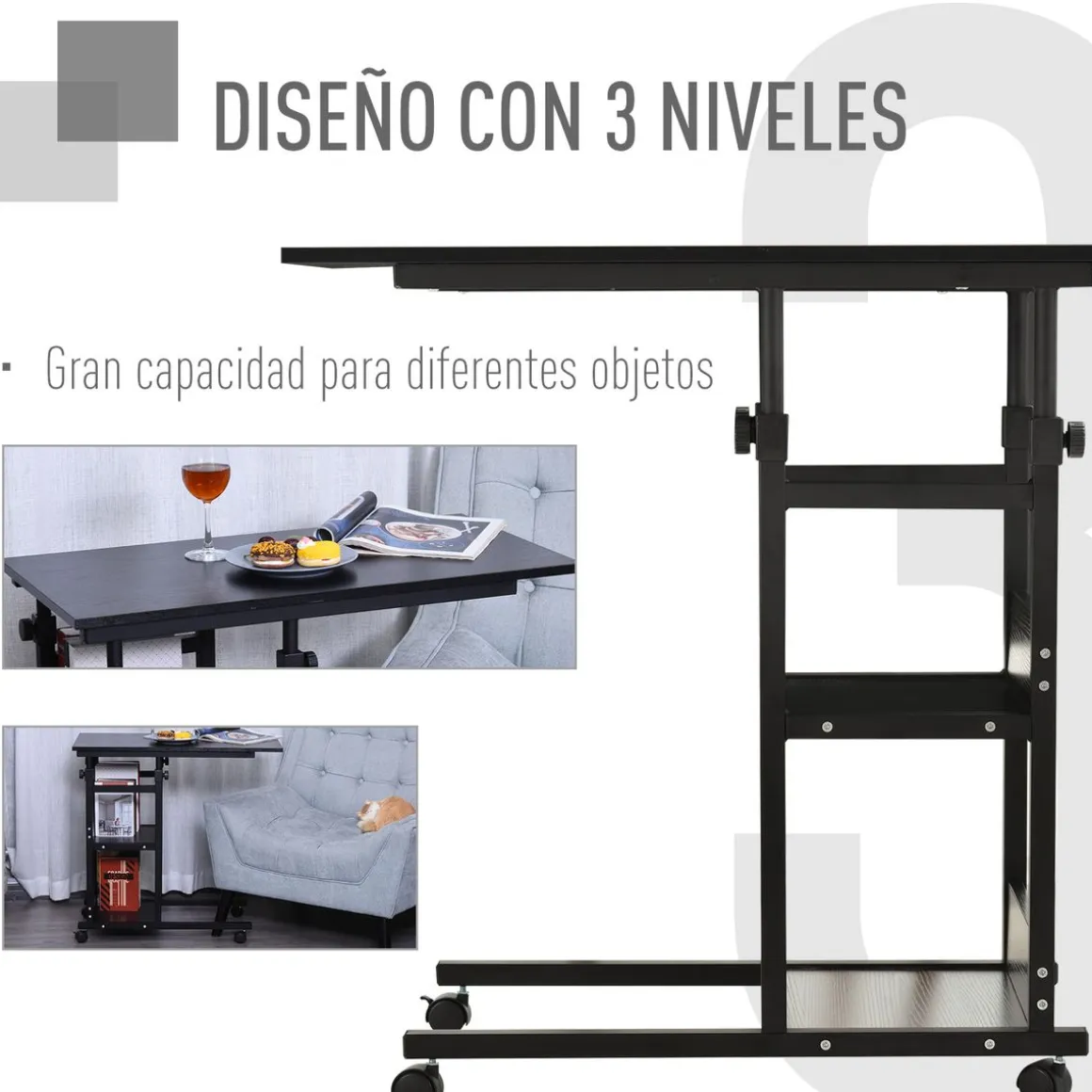 Mesa auxiliar Marte Homcom 3 niveles altura ajustable negro 72-82x80x40 cm