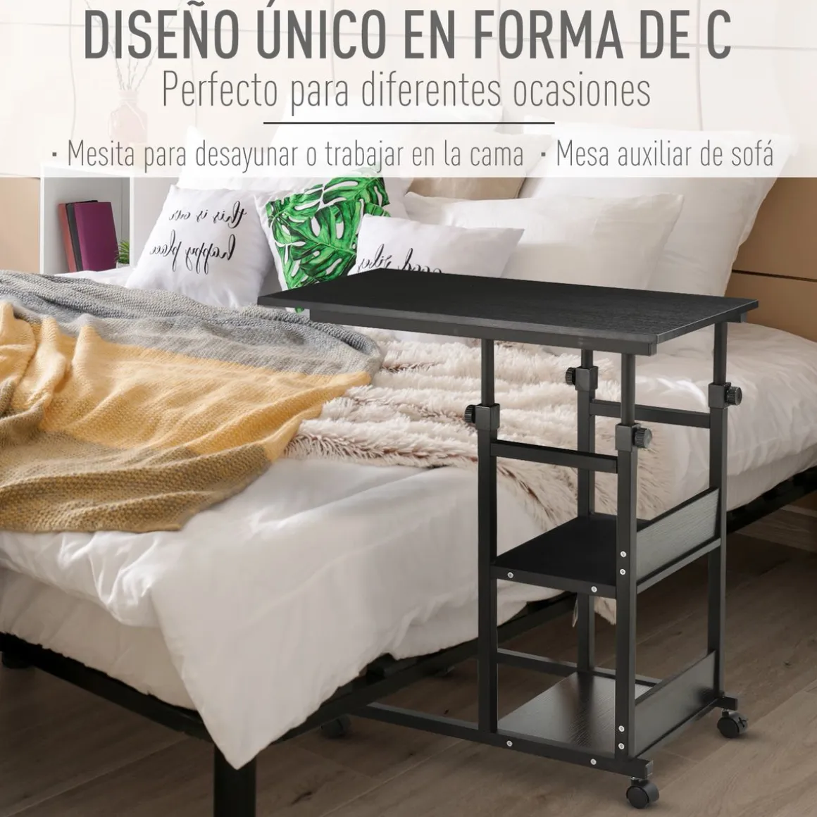 Mesa auxiliar Marte Homcom 3 niveles altura ajustable negro 72-82x80x40 cm
