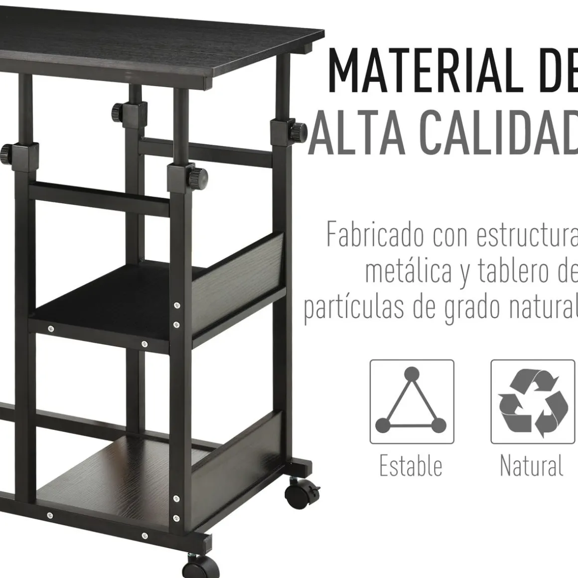 Mesa auxiliar Marte Homcom 3 niveles altura ajustable negro 72-82x80x40 cm
