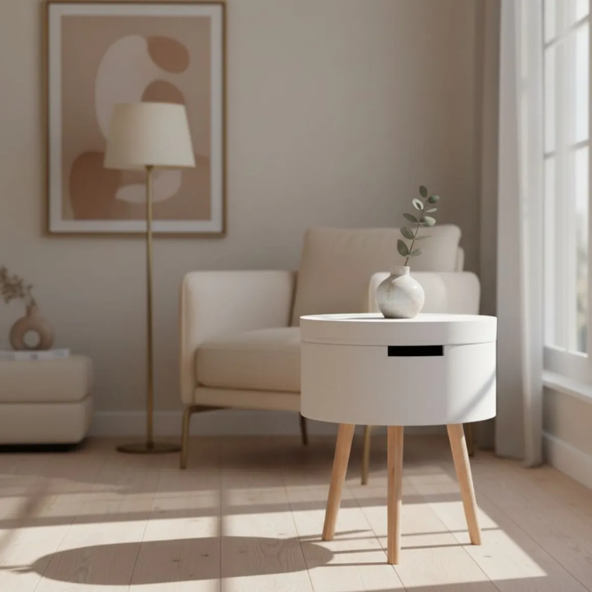 Mesa auxiliar MOA Vinthera con cajón blanco Ø38x43 cm