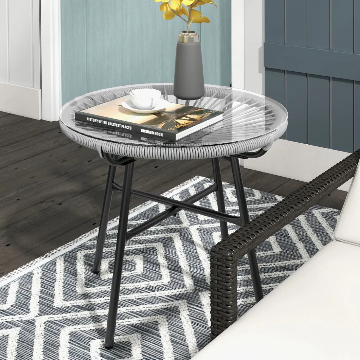 Mesa auxiliar Mokh Outsunny encimera vidrio Ø50x50 cm