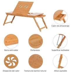 Mesa auxiliar para ordenador Homcom bambú natural 22-30x72x35 cm