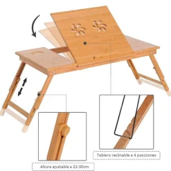 Mesa auxiliar para ordenador Homcom bambú natural 22-30x72x35 cm