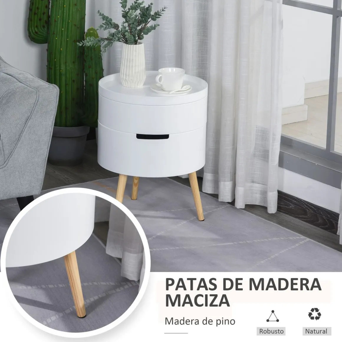 Mesa auxiliar Ritual Homcom 2 compartimentos blanco/natural Ø38x48 cm