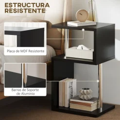Mesa auxiliar Virginia Homcom 3 niveles con luz LED negro 75x44x38 cm
