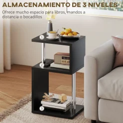 Mesa auxiliar Virginia Homcom 3 niveles con luz LED negro 75x44x38 cm
