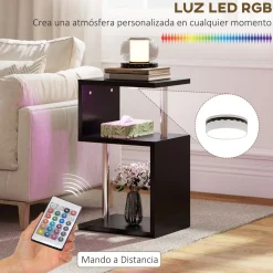 Mesa auxiliar Virginia Homcom 3 niveles con luz LED negro 75x44x38 cm