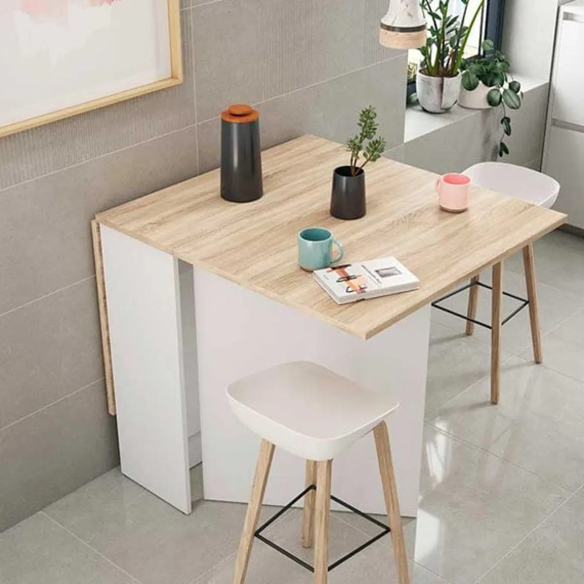 Mesa con alas abatibles Fly roble Canadian/blanco artik