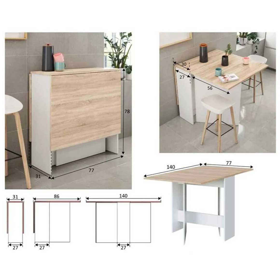 Mesa con alas abatibles Fly roble Canadian/blanco artik