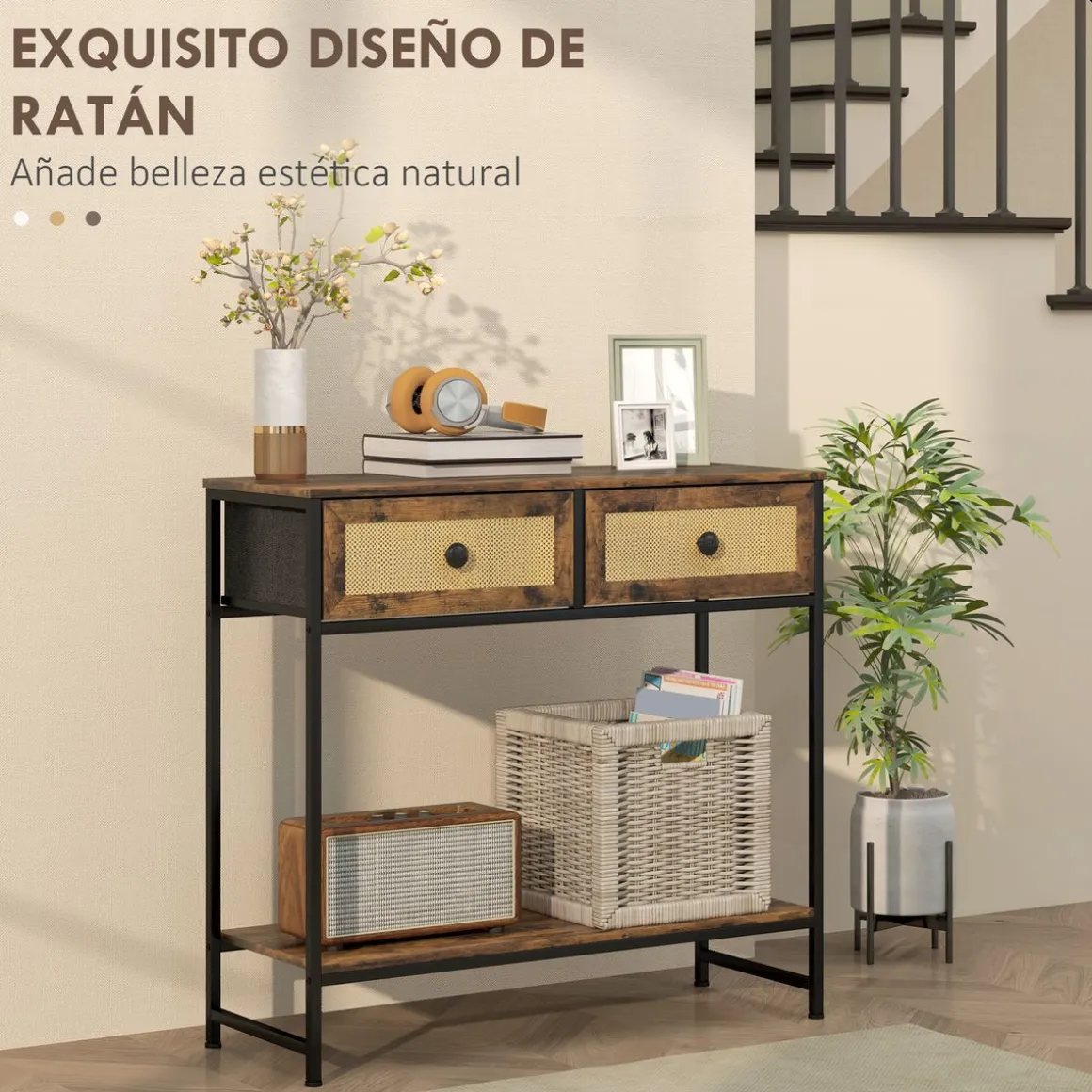 Mesa consola Confort Homcom 2 cajones + balda inferior marrón 75x80x30 cm