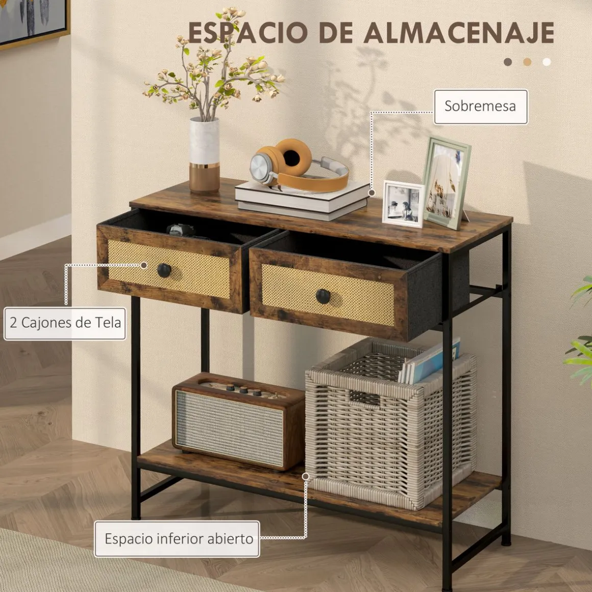 Mesa consola Confort Homcom 2 cajones + balda inferior marrón 75x80x30 cm