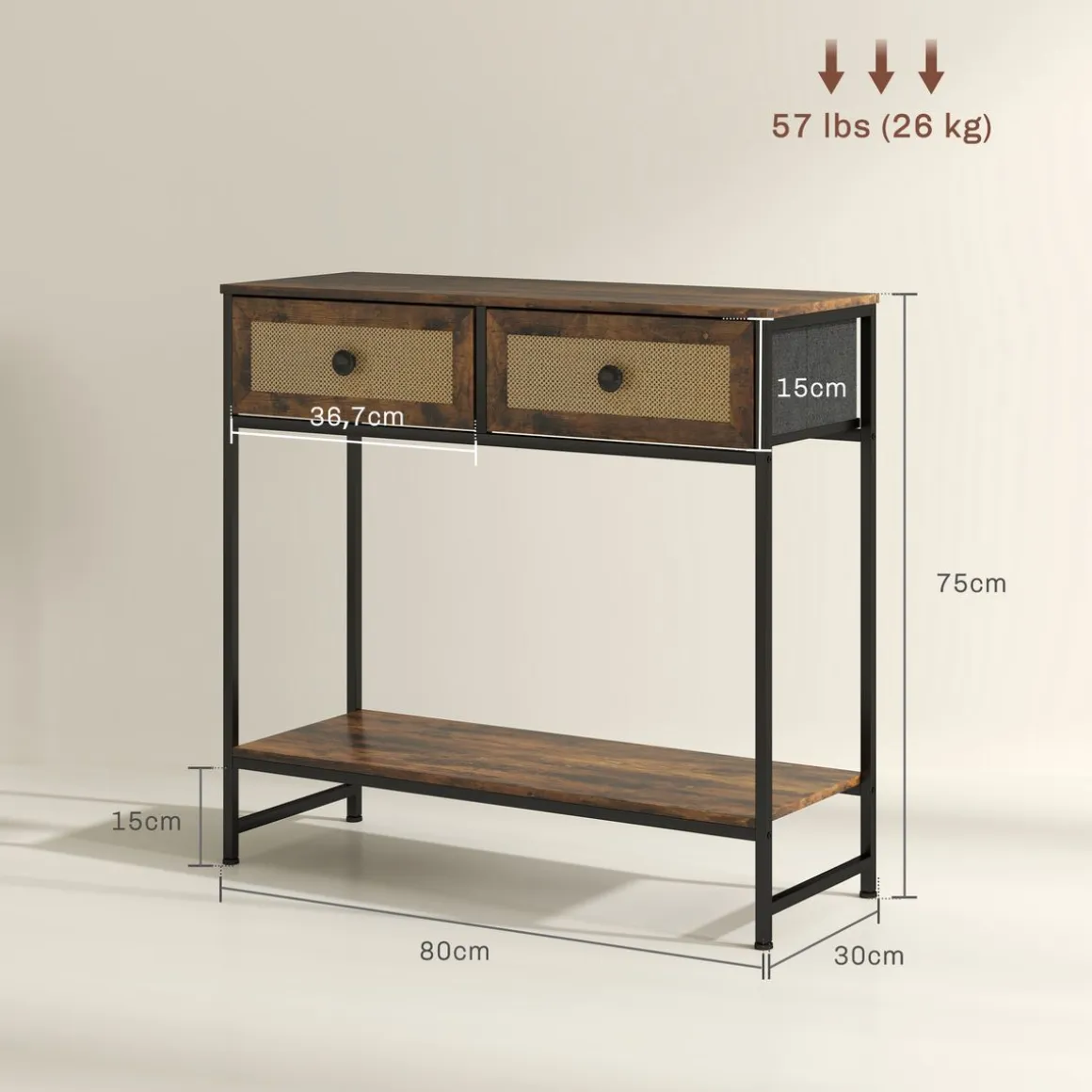 Mesa consola Confort Homcom 2 cajones + balda inferior marrón 75x80x30 cm