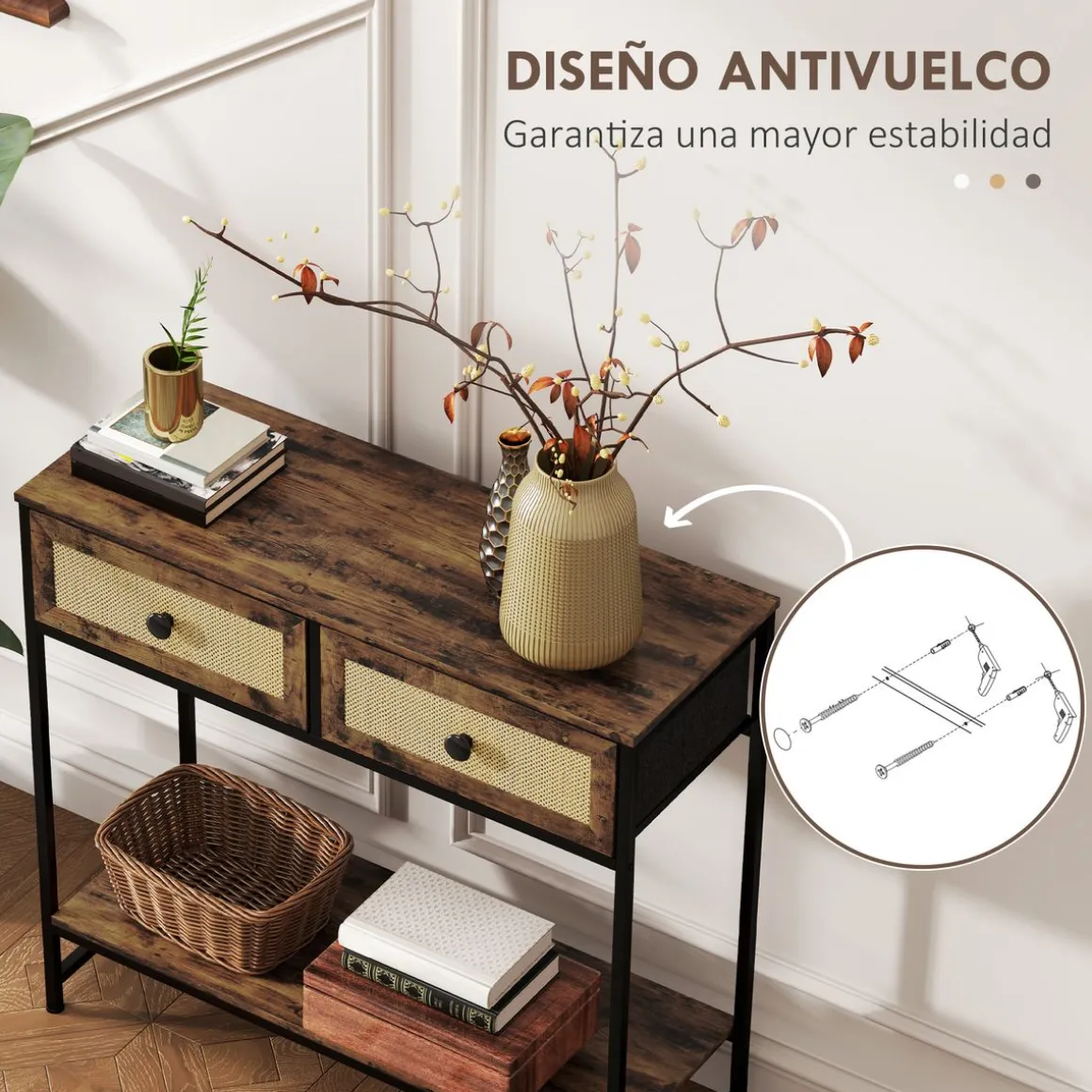 Mesa consola Confort Homcom 2 cajones + balda inferior marrón 75x80x30 cm
